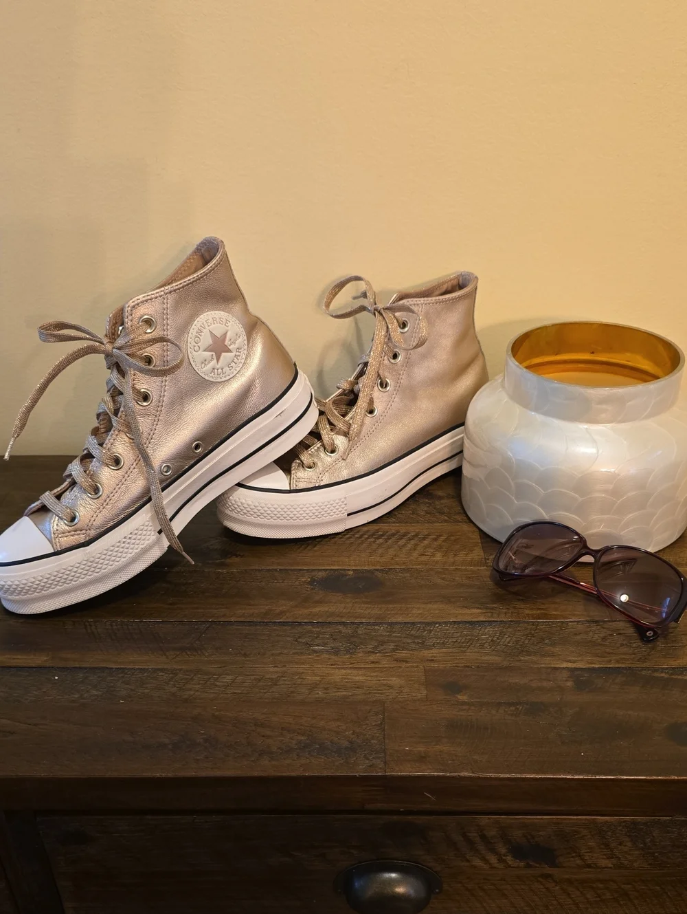 Women Converse Leather High Top Platform Sneakers in Metallic Rose - Picture 2 of 10